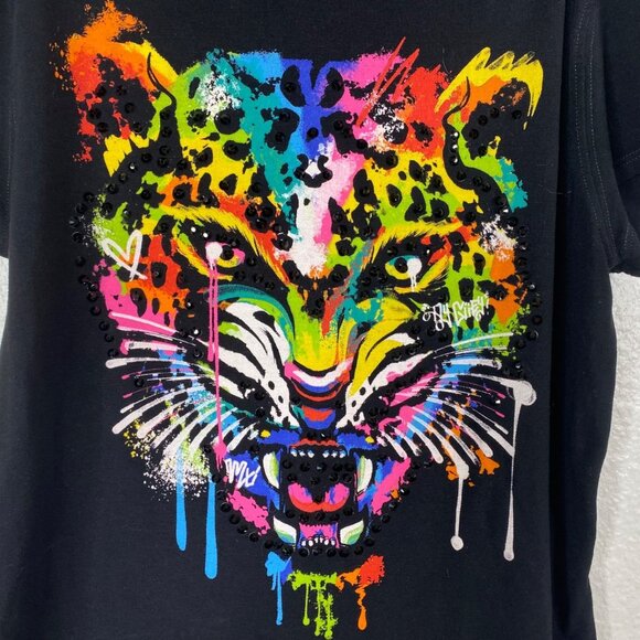 Ay Guey Women's Top Black Sz S Baby Tee Jaguar Graphic Rhinestones Colorful - Picture 4 of 9